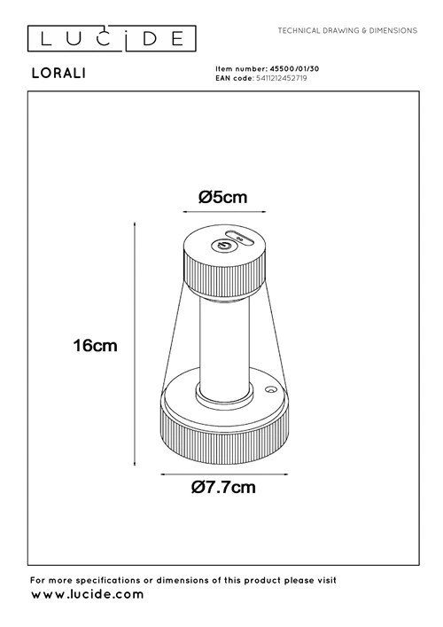 Lucide LORALI - Oplaadbare Tafellamp Binnen/Buiten - Accu/Batterij - Ø 7,7 cm - LED Dimb. - 1x1,2W 2600K/3000K - IP44 - Zwart - technisch